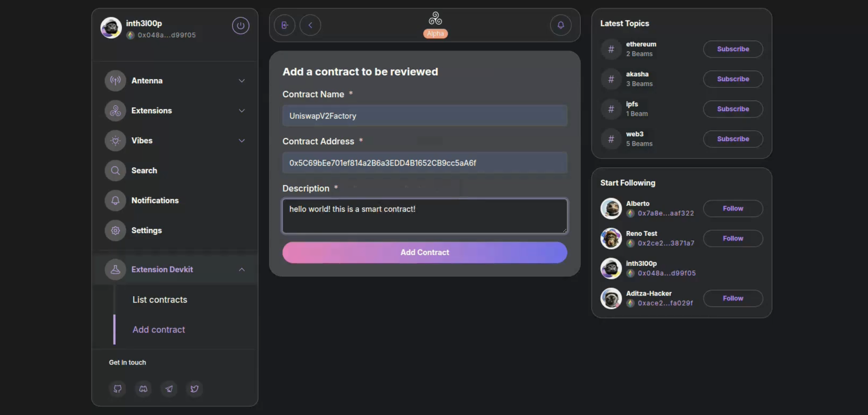 screenshot of how protocol's contracts are indexed